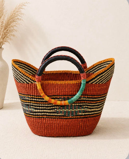 Mama Zuri Style African Boho Straw Shopper Bag with Leather Handles