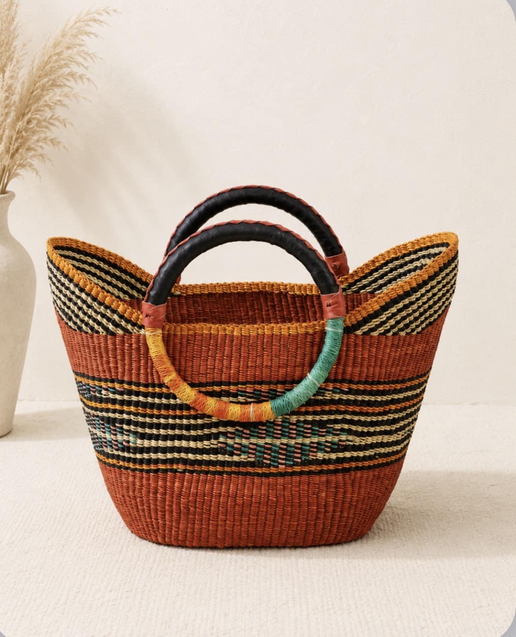 Mama Zuri Style African Boho Straw Shopper Bag with Leather Handles