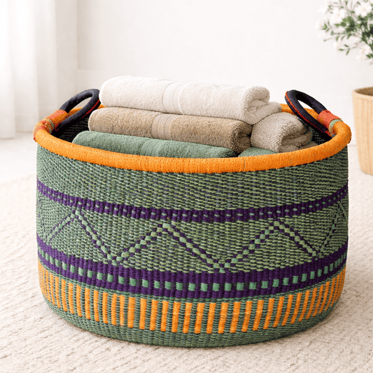 large handwoven african bolga storage basket with leather handle, handmade in Ghana- MamaZuriStyle Calgary
